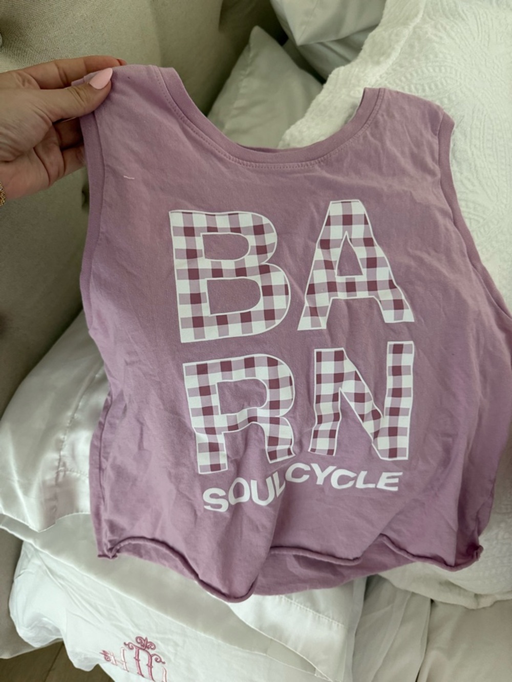 soulcycle mauve muscle tank with logo tag